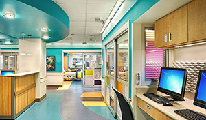 Interior shot of the modern new PICU area at Inova Children's Hospital