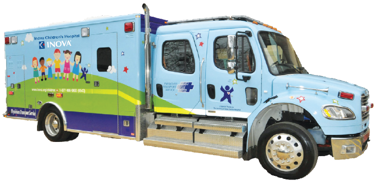 picture of a brightly colored specialized pediatric ambulance with cartoons of kids on the side